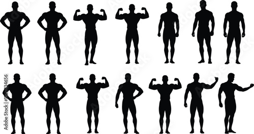 Set of Muscular Male Bodybuilder Silhouettes Vector Collection, Strong Man Flexing Biceps and Posing, Fitness, Strength, Power, Gym Workout and Healthy Lifestyle Icon Set.