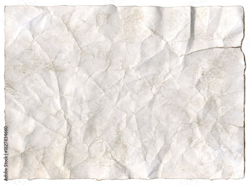 Crumpled sheet of dirty ripped paper with torn edges isolated for message background.	
