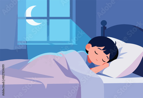 A child sleeps soundly in bed, under a blanket, with a crescent moon shining through a window at night