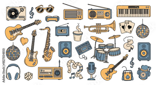 Retro Music and Entertainment Doodles: A Whimsical Vector Illustration of Vintage Culture