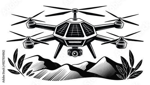Drone Surveillance Over Mountains: An illustration of a modern drone, soaring above stylized mountain landscape, symbolizing technology, surveillance, and exploration.