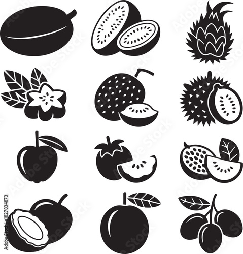 Exotic Fruit Collection Black and White Vector Illustration Design Set
