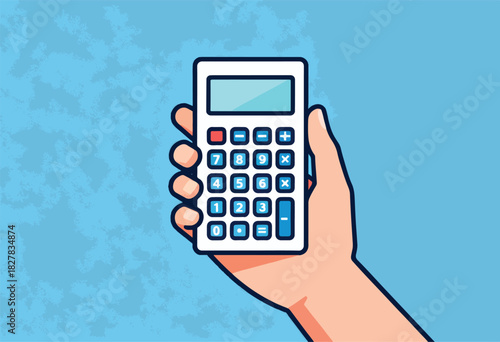 A hand holds a calculator, featuring numbers and basic functions, set against a mottled blue backdrop