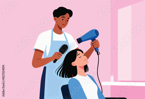 Stylist using brush and blow dryer on client with short black hair in a salon. Pink backdrop