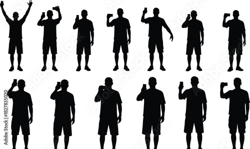 Silhouettes of Men in Casual Attire and Shorts Using Mobile Phones, Capturing Photos or Selfies, Representing Technology, Social Media, Travel, Tourism, and Communication.