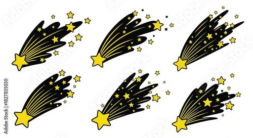 Set of Six Cartoon Shooting Stars with Tails and Ornate Details Vector Graphic