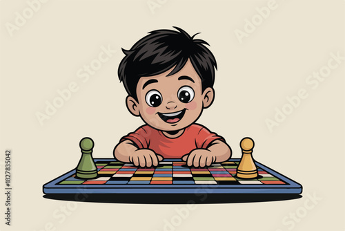 A cheerful boy is enthusiastically playing a board game, with game pieces ready on a colorful board