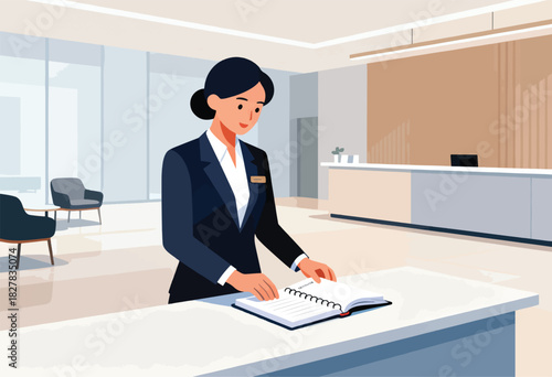 A woman in a dark suit stands behind a desk, looking at a notebook in an office setting. A reception area is visible