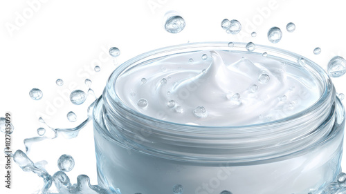 Macro close-up of a fresh, clear drop of blue liquid splashing into a transparent glass jar of cream and milk creating a clean, cold ripple
