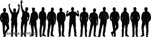 Horizontal Row of Male Silhouettes Standing in a Line, Cheering with Raised Hands and Waving, Illustrating Concepts of Teamwork, Support, and Unity for Graphic Design
