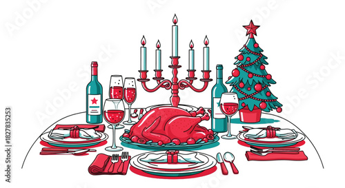 Holiday Feast: Festive Christmas Dinner Table Vector Illustration with Tree and Decorations