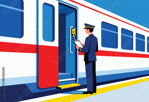 A conductor in uniform, at the train doorway, with clipboard, at the station platform, with train car