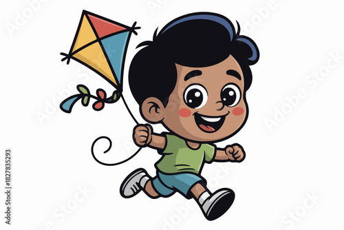 A cartoon boy happily running while holding a kite. The kite is colorful, and boy wears a shirt and shorts