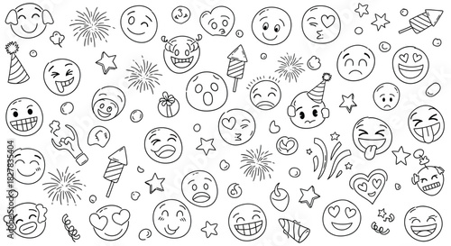 Hand drawn emoji celebration illustration with party elements in doodle style for design
