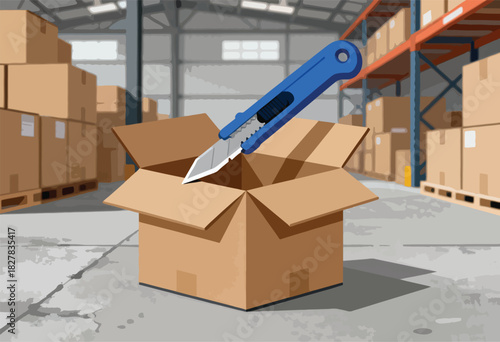 Illustration of a box being cut open with a blue utility knife in a warehouse, boxes stacked around