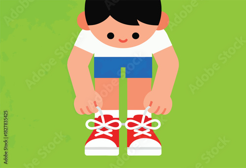 A cartoon child in a white tee and blue shorts, tying their red sneakers' white laces on a green backdrop