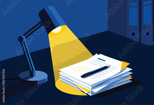 A geometric illustration of a desk lamp illuminating a stack of papers and pen in a dark, blue room