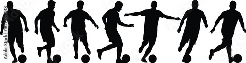 Seven Male Soccer Players Silhouette Vector Graphic Dribbling Football During a Match, Representing Professional Sports, Teamwork, Competition, and Active Lifestyle Concept