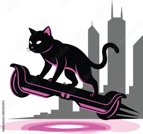 Cartoon black cat riding futuristic hoverboard with neon pink accents, glowing portal, city skyline silhouette, sci-fi urban fantasy vector art