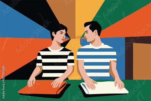 Two figures in striped shirts face each other across a colorful abstract background, holding flat rectangles