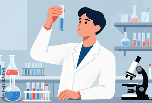 A lab worker examines a test tube, with lab equipment around. A microscope and lab shelves are included