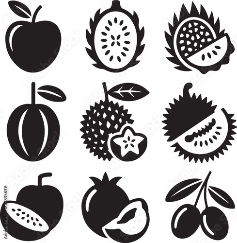 Exotic fruit collection with detailed black and white vector graphics