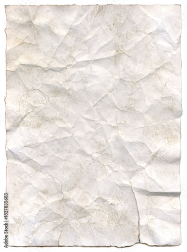 Crumpled sheet of dirty torn paper with detailed ripped edges on transparent background for clipart.
