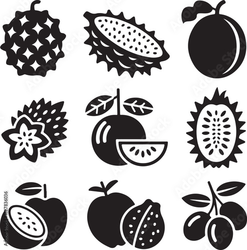 Exotic tropical fruit variety in black and white graphic style