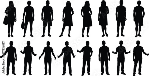 Group of People Silhouettes Vector Set, Diverse Adults Standing and Posing in Casual Clothes, Ideal for Architectural Drawings, Infographics, and Graphic Design.