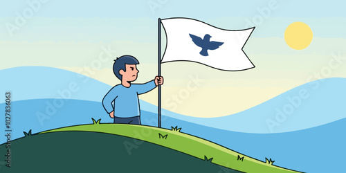 Boy Waving Flag on Hilltop - Freedom, Victory, and Goal Achievement