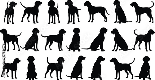 Set of Dog Silhouettes, Black Vector Collection of Pet Animals in Various Poses Including Sitting, Standing, and Running for Branding and Graphics.