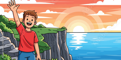 Friends Standing on Cliff Edge at Sunset - Ocean, Horizon, and Travel Adventure