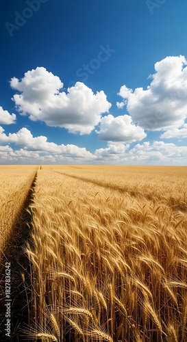 Golden wheat field under a bright blue sky with fluffy clouds.