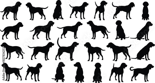 Detailed Dog Silhouette Vector Bundle with 24 Poses Including Standing, Running, Sitting, and Walking, Ideal for Pet Shop Logos, Veterinary Clinics, and Animal-Themed Graphic Design Projects.