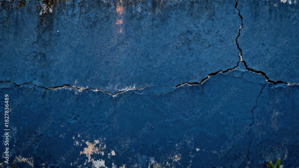 Fototapeta premium Weathered deep blue painted surface displays prominent, jagged structural cracks