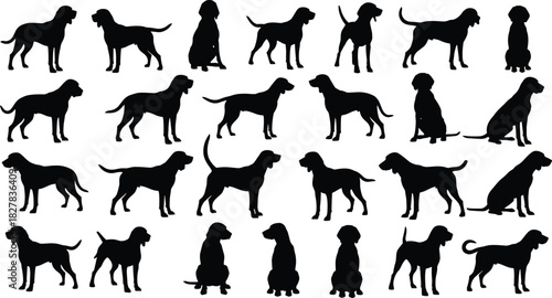 Dog Silhouette Vector Collection, Various Poses, Breeds, and Actions, Standing, Sitting, and Walking, Canine Animal Pet Graphics Bundle for Veterinary Logo Design and Print.