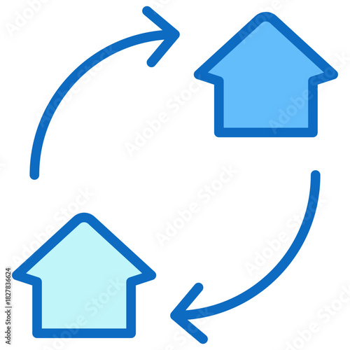 Property Exchange Blue Fill Icon Design Vector - Two houses connected by arrows, symbolizing property swap, relocation, or home exchange process