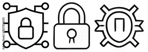 Cybersecurity and Data Protection Icons: A visual representation of digital security with a shield, a padlock, and a protected symbol.
