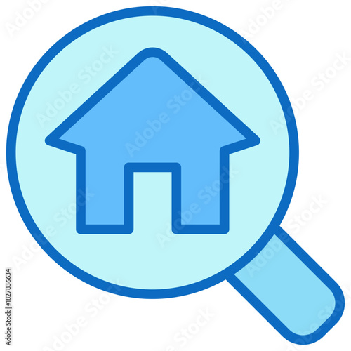 Property Search Blue Fill Icon Design Vector - Magnifying glass with a house, symbolizing real estate search, home finding, or location lookup