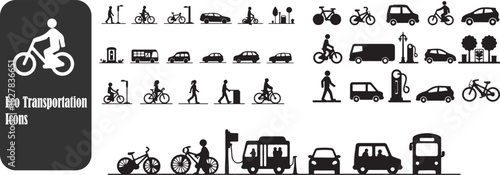 Eco Transportation Icon Bundle – Electric Mobility, Bike, Low-Emission Travel Vector Set