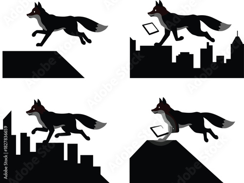 Cartoon black fox with red eyes leaping, running, carrying tablet, navigating cityscape silhouette, dynamic animal urban technology illustration vector art