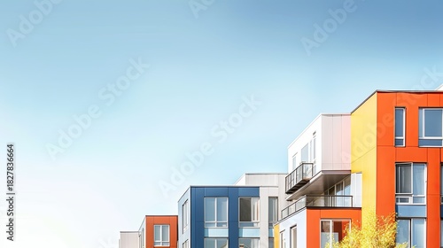 A colorful, modern apartment building with orange, blue, and white facades against a clear blue sky.