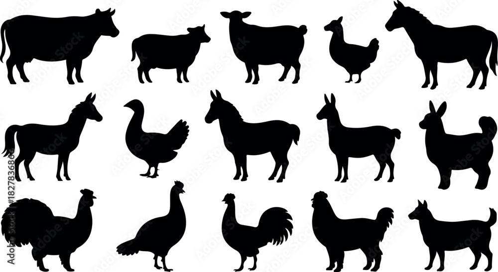 Naklejka premium Collection of black farm animal silhouettes including cow sheep chicken horse llama and dog farm animals
