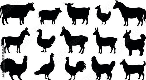 Collection of black farm animal silhouettes including cow sheep chicken horse llama and dog farm animals
