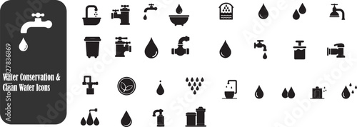Water Conservation Icon Bundle – Clean Water, Filtration, Saving Drops Vector Set