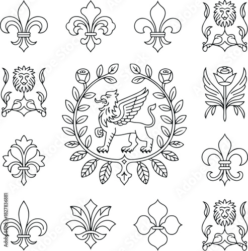 Collection of black line art heraldic symbols fleur de lis griffin lion and rose motifs emblem