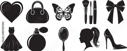 Fashion beauty accessory silhouette vector set including bag dress perfume brush mirror and shoe icons