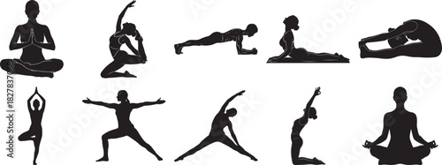 Yoga exercise silhouette vector set showing meditation stretching and fitness poses for wellness training