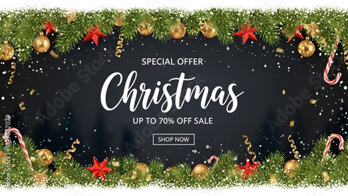 Christmas Up To 70 percent Off Sale Discount Banner with Decorated Fir Tree Border and Golden Ornaments on Dark Background for Happy New Year 2026 Merry Christmas Eve Special Offer Exclusive Super 