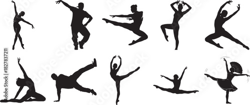 Modern dance and ballet pose silhouette vector set featuring expressive motion and artistic body movement
